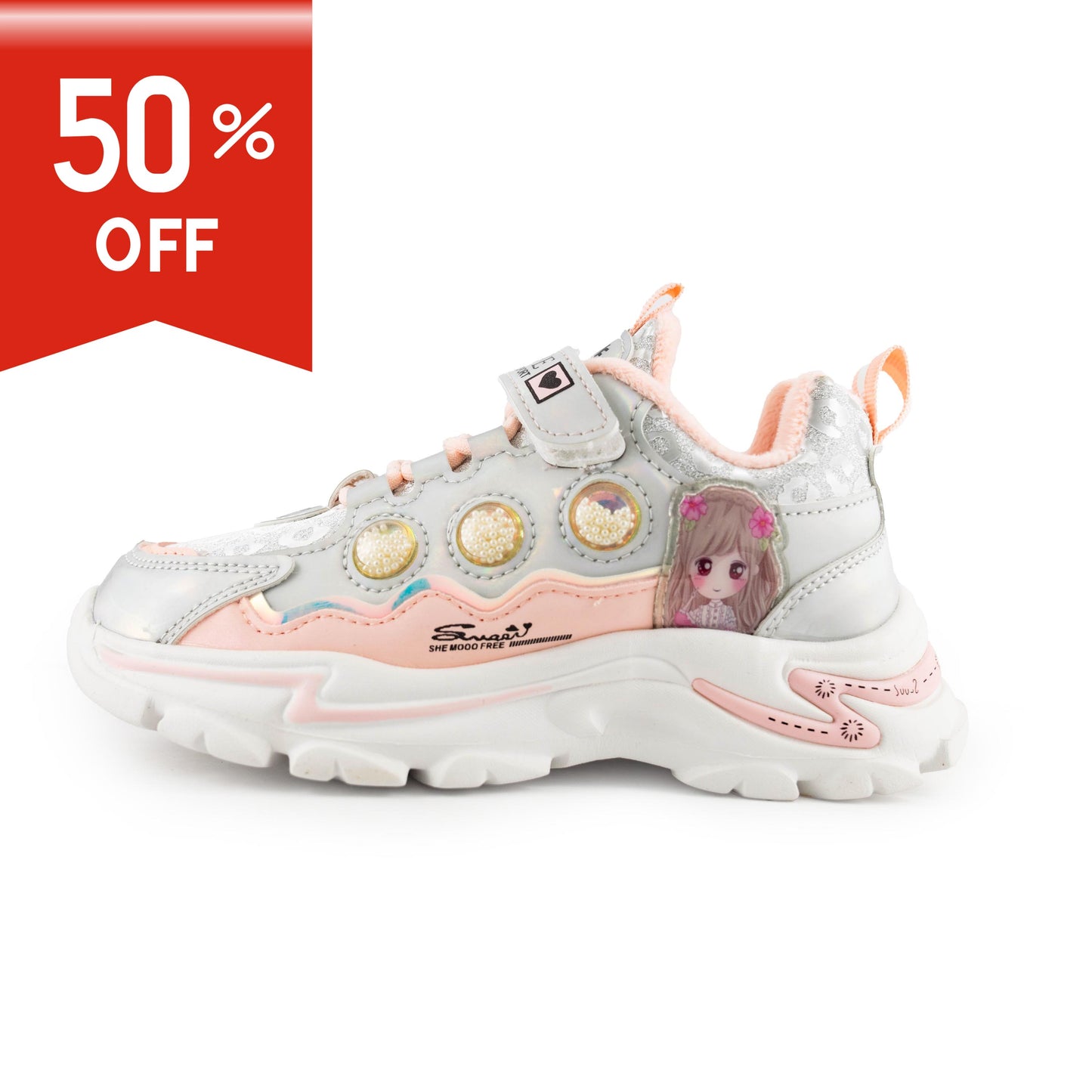 Youth Girls Sneaker With Cartoon Girl Print 1138 Pink